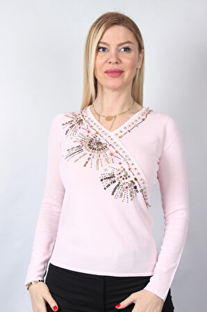 SUDE KADIN SWAROVSKİ TAŞ BONCUK İŞLEMELİ EL İŞİ İTHAL TRİKO 7168