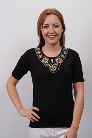 SUDE KADIN SWAROVSKİ TAŞ VE BONCUK İŞLEMELİ EL İŞİ İTHAL TRİKO 7135