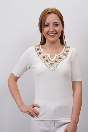SUDE KADIN SWAROVSKİ TAŞ VE BONCUK İŞLEMELİ EL İŞİ İTHAL TRİKO 7135