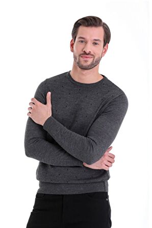 Gri Desenli Bisiklet Yaka Yünlü Triko Kazak | M