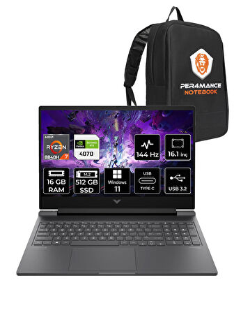 HP VİCTUS 16 R7 8840H 16GB 512GB SSD RTX4070/8GB 144HZ 16.1'' FHD W11H A05N6EA & PER4 ÇANTA