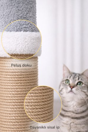 Kedi Tırmalama Tahtası Kalın Halatlı Geniş Peluş Taban Dayanıklı Tırmalama Direği Açık Gri 52 cm