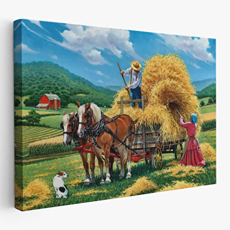 At Arabasına Saman Yükleyen Köylüler Duvar Tablosu-6531