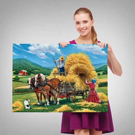 At Arabasına Saman Yükleyen Köylüler Duvar Tablosu-6531