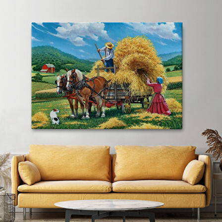 At Arabasına Saman Yükleyen Köylüler Duvar Tablosu-6531