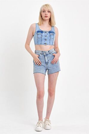 Kadın Önü Düğmeli Cep Detaylı Askılı Denim Crop  Açık Mavi