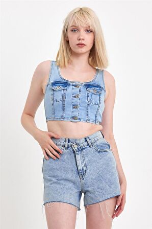 Kadın Önü Düğmeli Cep Detaylı Askılı Denim Crop  Açık Mavi