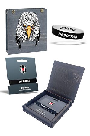 Beşiktaş Orijinal Çift Taraflı Silikon Bileklik Kartal Baskılı Hediyelik Ahşap Kutulu