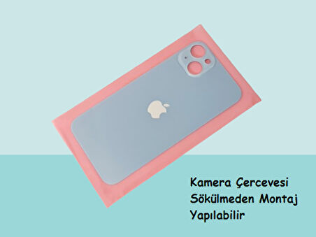 Tkgz - iPhone 14 PLUS Arka Pil Batarya Kapağı - Cam kapak Geniş Lens Deliği - MAVİ
