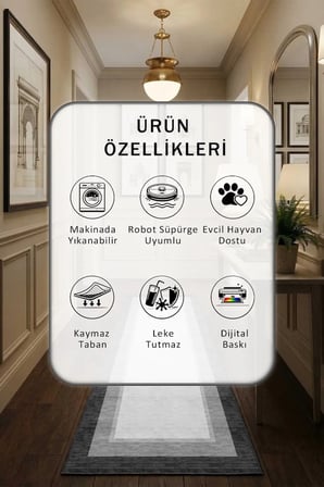 Modern Dijital Baskı Yıkanabilir Kaymaz Yolluk Halı Açık Gri