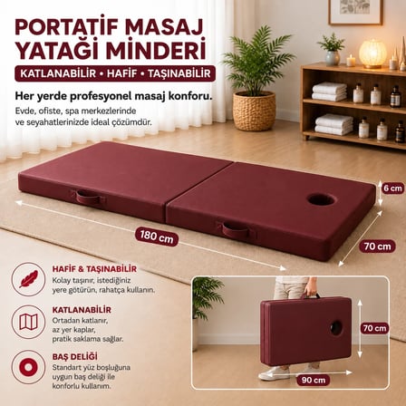 Masaj Yatağı Portatif Katlanabilir Masaj Yatağı Minderi 6 cm Sünger  180x70 cm