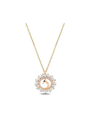 Zirkon Taşlı Rose Renk Yuvarlak Model Zümrüdü Anka Kuşu Gümüş Kolye