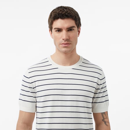 Nautica Erkek Krem Regular Fit Kısa Kollu Çizgili Triko