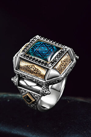 Erkek Gümüş Yüzük - Kehribar Taşı Süleyman Mührü İşlemeli Kare Model Erkek Yüzük