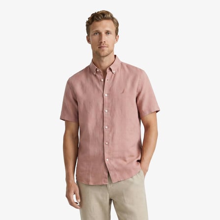 Nautica Erkek Bej Regular Fit Kısa Kollu Keten Gömlek