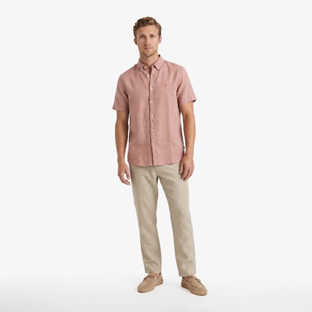Nautica Erkek Bej Regular Fit Kısa Kollu Keten Gömlek