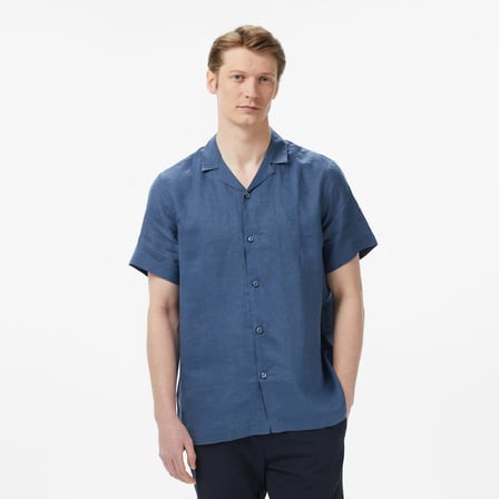 Nautica Erkek Mavi Regular Fit Kısa Kollu Keten Gömlek