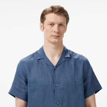 Nautica Erkek Mavi Regular Fit Kısa Kollu Keten Gömlek
