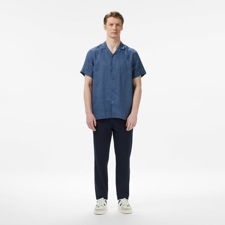 Nautica Erkek Mavi Regular Fit Kısa Kollu Keten Gömlek