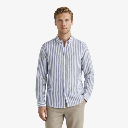 Nautica Erkek Mavi Regular Fit Çizgili Keten Gömlek