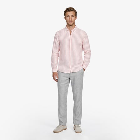 Nautica Erkek Bej Regular Fit Çizgili Keten Gömlek