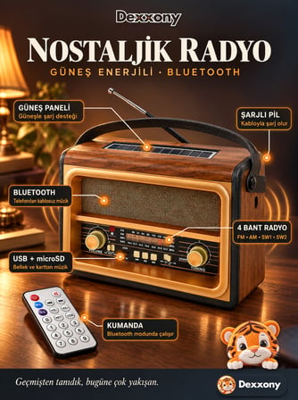 Dexxony BT-89 Nostaljik Radyo Güneş Panelli Şarjlı Bluetooth Hoparlör FM AM SW USB microSD Kumandalı