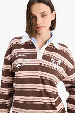 Coool Loose Fit Polo Yaka Çizgili Sweatshirt