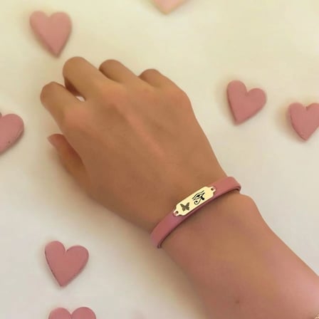 14 Ayar Altın Plakalı Şans Sembollü Koyu Pembe Derili Kelebek Motifli Hediye Bileklik-654