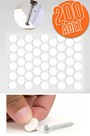 Yapışkanlı Yapıştırma Vida Tapası Tıpası Beyaz Vida Kapatıcı Kapağı (200 Adet)
