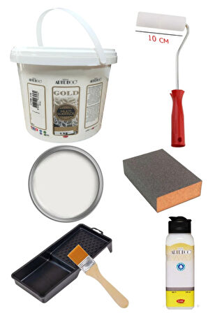 Artdeco Multi Surface Akrilik Boya 1 KG Beyaz Rulo ve Fırça Tavası Su Bazlı Parlak Vernik 140 ml Set