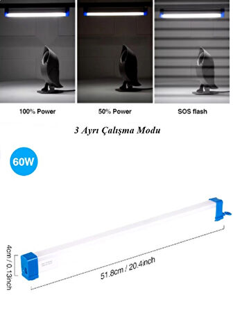 52 CM 3Mod Şarjlı ve Mıknatıslı Mutfak Tezgah Altı Aydınlatma-Floresan Dolap İçi Beyaz Işık 