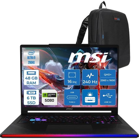 MSI Raider 16 Max Hx OLED B2WI-092TR Intel Core Ultra 9 290HX Plus 48GB Ddr5 6tb SSD Rtx 5080 16GB 175W Freedos 16” Qhd+ (2560X1600) 240Hz Oyuncu Bilgisayarı 092TRF09 + Zetta Çanta