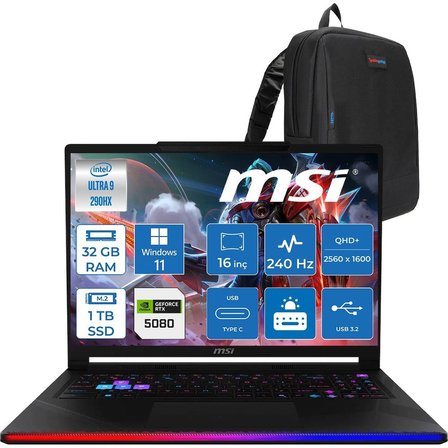 MSI Raider 16 Max Hx OLED B2WI-092TR Intel Core Ultra 9 290HX Plus 32GB Ddr5 1tb SSD Rtx 5080 16GB 175W Windows 11 Pro 16” Qhd+ (2560X1600) 240Hz Oyuncu Bilgisayarı 092TRP01 + Zetta Çanta