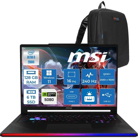 MSI Raider 16 Max Hx OLED B2WI-092TR Intel Core Ultra 9 290HX Plus 128GB Ddr5 6tb SSD Rtx 5080 16GB 175W Windows 11 Pro 16” Qhd+ (2560X1600) 240Hz Oyuncu Bilgisayarı 092TRP29 + Zetta Çanta