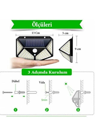 Güneş Enerjili Hareket Sensörlü 4'lü 100 LEd Solar Aydınlatma-Duvar Tipi-Bahçe-Garaj Aydınlatması