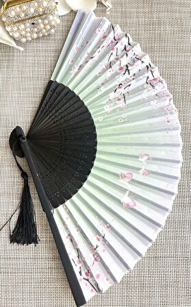 Yelpaze Sakura Çiçekli Pembe Bambu Kumaş Yelpaze A507