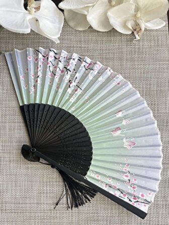 Yelpaze Sakura Çiçekli Pembe Bambu Kumaş Yelpaze A507