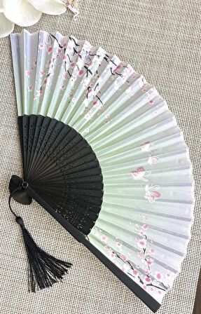 Yelpaze Sakura Çiçekli Pembe Bambu Kumaş Yelpaze A507