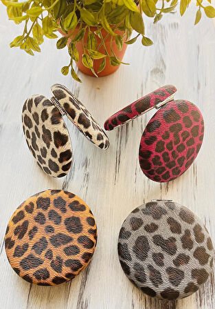 Leopar Desenli El Aynası, Cep, Çanta, Makyaj Aynası Bej