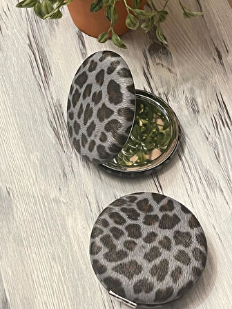 Leopar Desenli El Aynası, Cep, Çanta, Makyaj Aynası Gri
