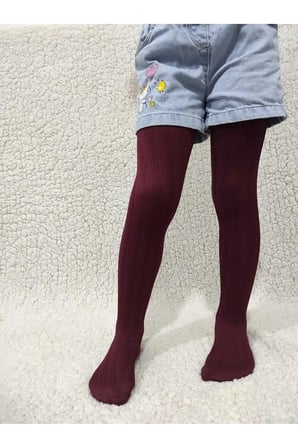 Bordo Örgü Desenli Kız Çocuk Orta Kalın Mevsimli Külotlu Çorap