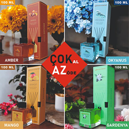 4'Lü Çubuklu 100 ml Oda Kokusu Seti Çok Al Az Öde (Amber Okyanus Mango Gardenya) Reed Diffuser