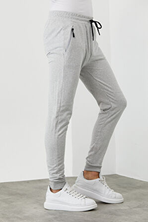COMEOR Erkek Gri Slim Fit Jogger Cep Nakış Fermuar Detaylı Eşofman Altı 