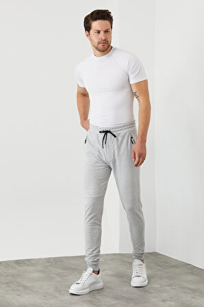 COMEOR Erkek Gri Slim Fit Jogger Cep Nakış Fermuar Detaylı Eşofman Altı 