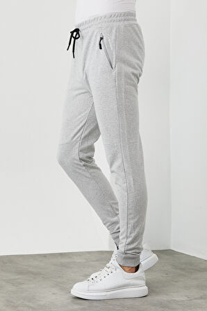 COMEOR Erkek Gri Slim Fit Jogger Cep Nakış Fermuar Detaylı Eşofman Altı 