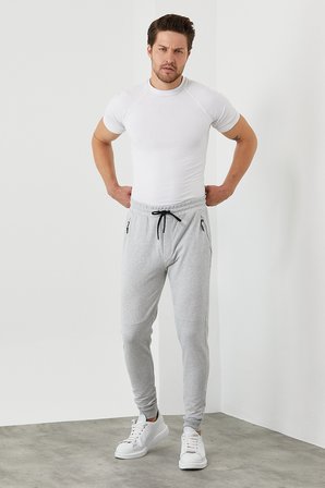 COMEOR Erkek Gri Slim Fit Jogger Cep Nakış Fermuar Detaylı Eşofman Altı 