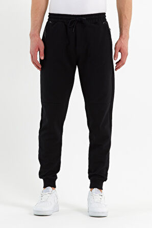 COMEOR Erkek Siyah Slim Fit Jogger Cep Nakış Fermuar Detaylı Eşofman Altı 
