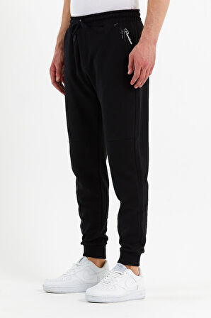 COMEOR Erkek Siyah Slim Fit Jogger Cep Nakış Fermuar Detaylı Eşofman Altı 