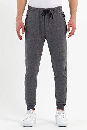 COMEOR Erkek Antrasit Slim Fit Jogger Cep Nakış Fermuar Detaylı Eşofman Altı 