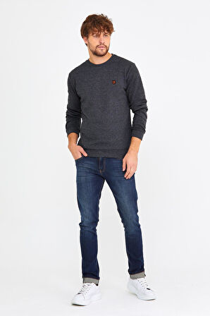 COMEOR Erkek Bisiklet Yaka Göğüs Nakış Detaylı Gri Sweatshirt